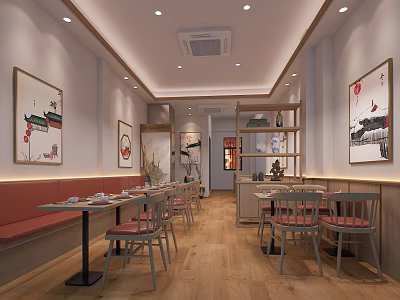 Traditional Restaurant Interior With Red Booths Tables Chairs Wooden Flooring And Decorative Paintings 3d model