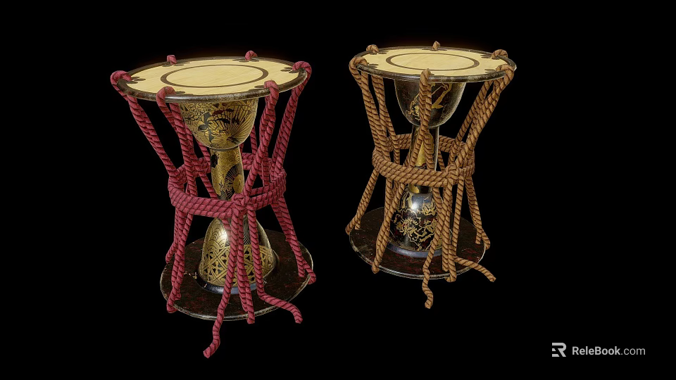 Two Traditional Musical Drums With Golden Painted Art And Red Brown Rope Decorations 3d model 