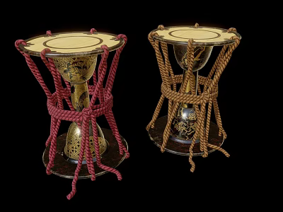 Two Traditional Musical Drums With Golden Painted Art And Red Brown Rope Decorations 3d model