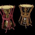 Two Traditional Musical Drums With Golden Painted Art And Red Brown Rope Decorations