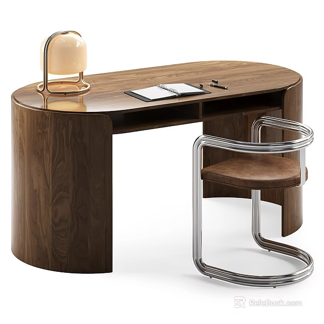 Walnut Curved Desk With Table Lamp Notebook Pen And Modern Metal Frame Brown Cushion Chair 3d model 