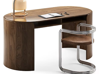 Walnut Curved Desk With Table Lamp Notebook Pen And Modern Metal Frame Brown Cushion Chair 3d model