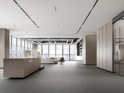 Modern Office Reception Area With Large Windows Open Layout And Stylish Reception Desk 3d model