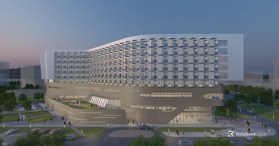 Modern Office Building Exterior Design With Glass Curtain Walls Multi Story Structure And Landscaping 3d model 