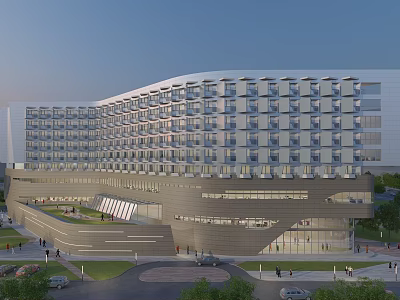 Modern Office Building Exterior Design With Glass Curtain Walls Multi Story Structure And Landscaping 3d model