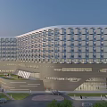 Modern Office Building Exterior Design With Glass Curtain Walls Multi Story Structure And Landscaping
