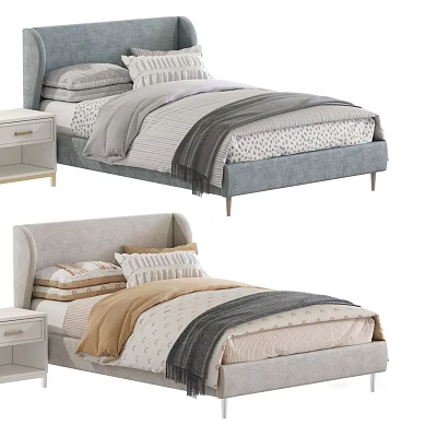 Modern Upholstered Single Bed In Gray And Beige With Striped Pillows Throw Blanket And Nightstand 3d model