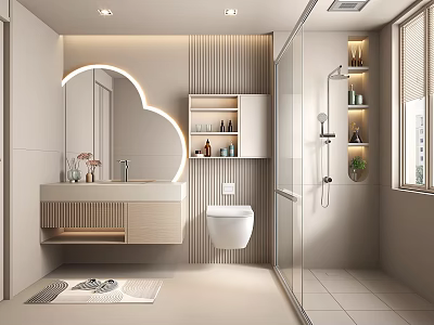 Modern Bathroom Interior With Arched Mirror Wooden Vanity Wall-Mounted Toilet And Glass Shower 3d model