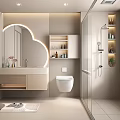 Modern Bathroom Interior With Arched Mirror Wooden Vanity Wall-Mounted Toilet And Glass Shower