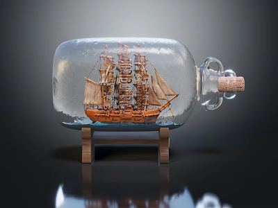 Decorative Ceramic Vessel Containing Intricate Ship Model On Wooden Display Stand 3d model