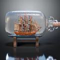 Decorative Ceramic Vessel Containing Intricate Ship Model On Wooden Display Stand