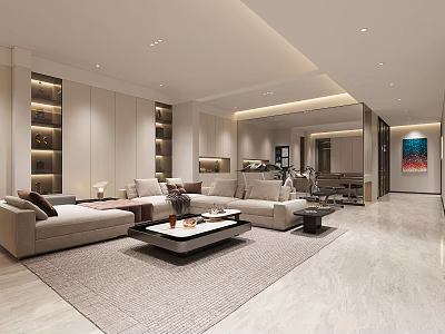 Modern Spacious Living Room With Sofas Coffee Table And Recessed Lighting 3d model