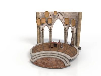 Medieval Stone Building Interior Design With Arched Doorways Circular Platform And Decorative Plaques 3d model