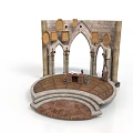 Medieval Stone Building Interior Design With Arched Doorways Circular Platform And Decorative Plaques