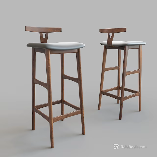 Wooden Bar Stools With Gray Padded Seats And Backrests In Sleek Design 3d model 