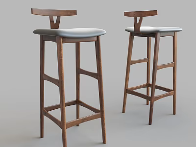 Wooden Bar Stools With Gray Padded Seats And Backrests In Sleek Design 3d model