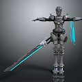 Game Movie Character Robot Warrior In Silver Metallic Armor With Glowing Blue Sword Arms Outstretched