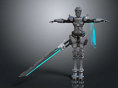 Game Movie Character Robot Warrior In Silver Metallic Armor With Glowing Blue Sword Arms Outstretched 3d model