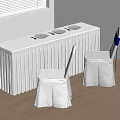 White Tablecloth Dining Table With Three Plates Two White Chairs Blue Accent And Wooden Floor