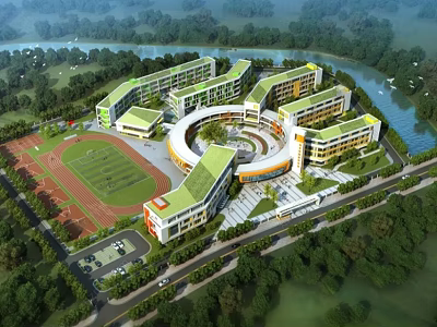 Modern School Buildings With Circular Design Green Roofs Playground Track Near River And Trees 3d model