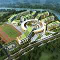 Modern School Buildings With Circular Design Green Roofs Playground Track Near River And Trees