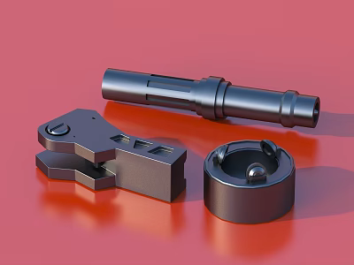 Three Black Metal Mechanical Components On Red Background Surface 3d model