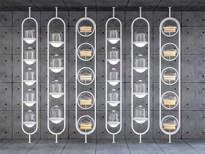 Modern Display Shelves With White Frames Glass Containers And Gray Concrete Background 3d model
