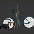 Colorful Outdoor Garden Scene With Green Fence Bicycle Bench Red Lawnmower And Shovel