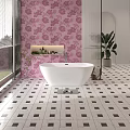 White Bathtub in Bathroom With Pink Floral Wallpaper and Black White Checkered Floor Tiles
