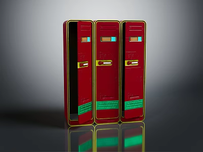 Three Red Objects With Yellow Trim Green Labels And Colorful Panels On Shiny Surface 3d model