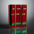 Three Red Objects With Yellow Trim Green Labels And Colorful Panels On Shiny Surface
