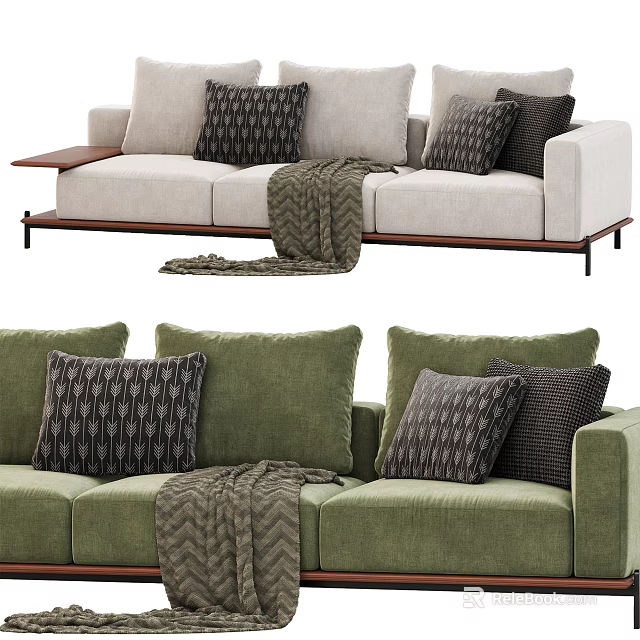 Beige and Green Three Seater Sofa with Decorative Pillows and Throw Blanket 3d model 