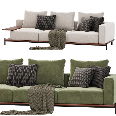 Beige and Green Three Seater Sofa with Decorative Pillows and Throw Blanket 3d model