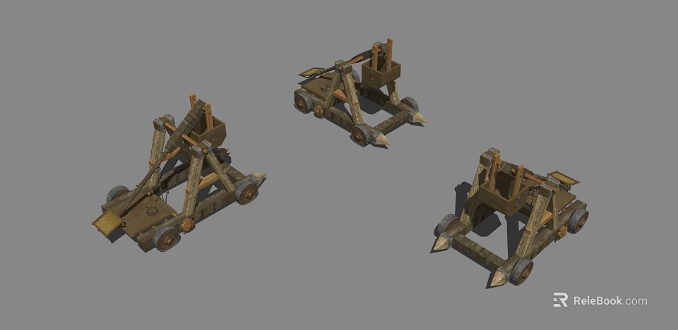Three Ancient Wooden Mechanical Siege Engines With Wheels And Levers 3d model
