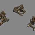 Three Ancient Wooden Mechanical Siege Engines With Wheels And Levers 3d model
