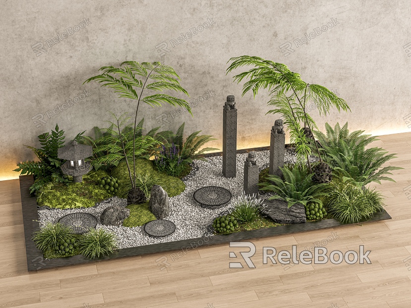 Modern new Chinese style courtyard sketch courtyard landscape sketch green plant withered landscape micro-terrain tied horse pillar cobblestone tingbu green plant grass model