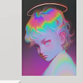 Abstract Painting Featuring Rainbow Hair Halo Blue Eyes And Colorful Gradient Soft Tones