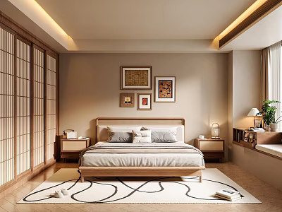 Warm Minimalist Bedroom With Japanese style Sliding Doors Wooden Bed Nightstands Framed Artworks And Patterned Rug 3d model