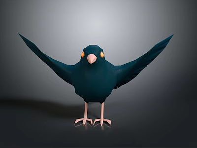 Cartoon Dark Blue Bird with Spread Wings Yellow Eyes Orange Beak Pink Claws Grey Background 3d model