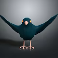 Cartoon Dark Blue Bird with Spread Wings Yellow Eyes Orange Beak Pink Claws Grey Background