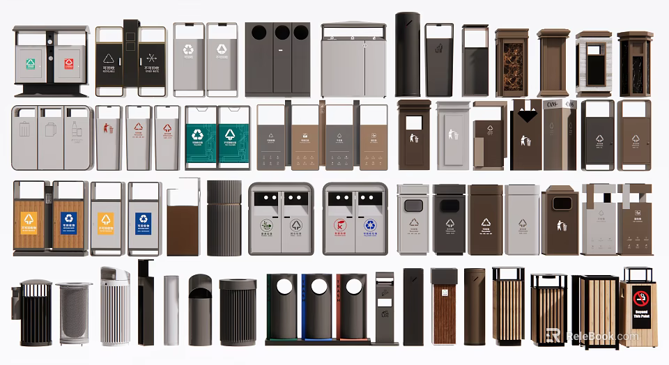 Public Facilities Various Types of Trash Bins with Diverse Designs and Materials 3d model 