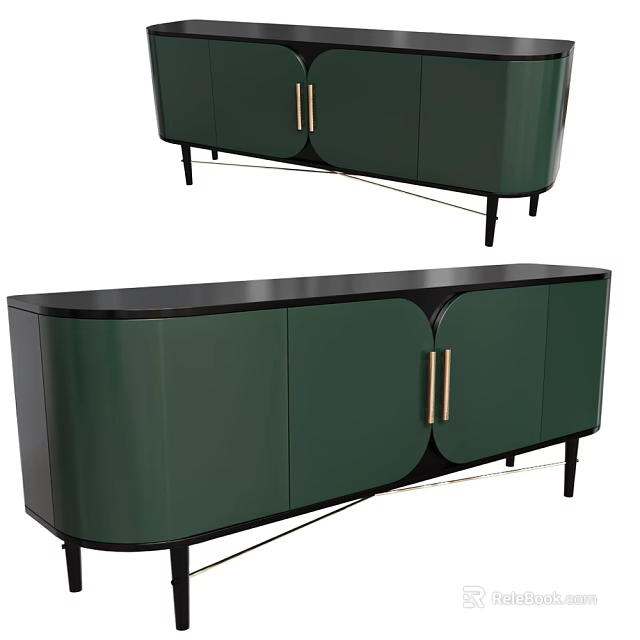 Modern Green TV Stand With Black Top Gold Handles And Sleek Cabinet Doors 3d model 