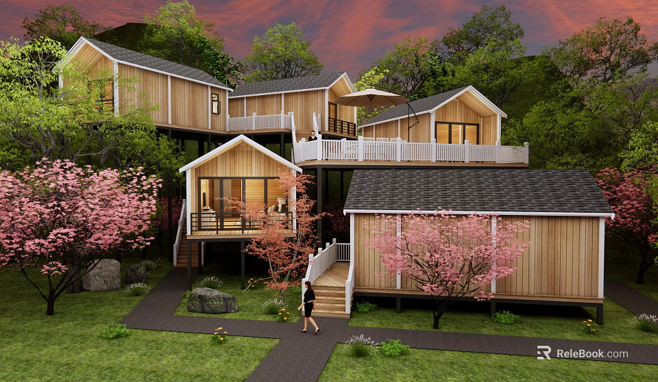 Wooden Guesthouse Buildings With Balconies Amid Cherry Blossom Trees And Green Lawn 3d model 