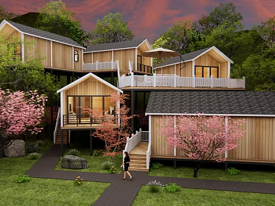 Wooden Guesthouse Buildings With Balconies Amid Cherry Blossom Trees And Green Lawn 3d model