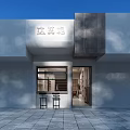 Modern Minimalist Mall Store Interior with Arched Walls Built in Shelves and Wooden Table