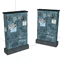 Two Blue Metal Industrial Equipment Cabinets With Graffiti Stickers Labels And Base