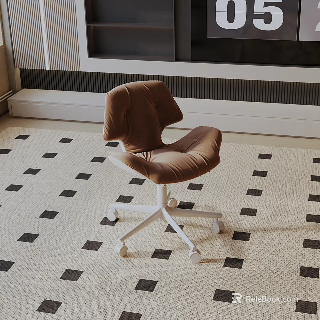 Brown Leisure Chair With White Caster Wheels On Black White Square Pattern Rug 3d model 