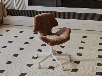 Brown Leisure Chair With White Caster Wheels On Black White Square Pattern Rug 3d model
