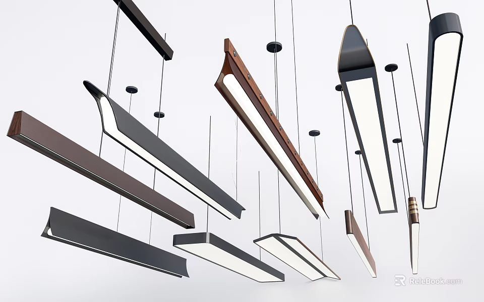 Contemporary Linear Pendant Lights with Sleek Metal and Wooden Accents for Modern Home Interiors 3d model 