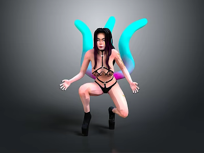 Woman With Black Hair In Black Bikini And Blue Purple Wings Crouching Against Gray Background 3d model